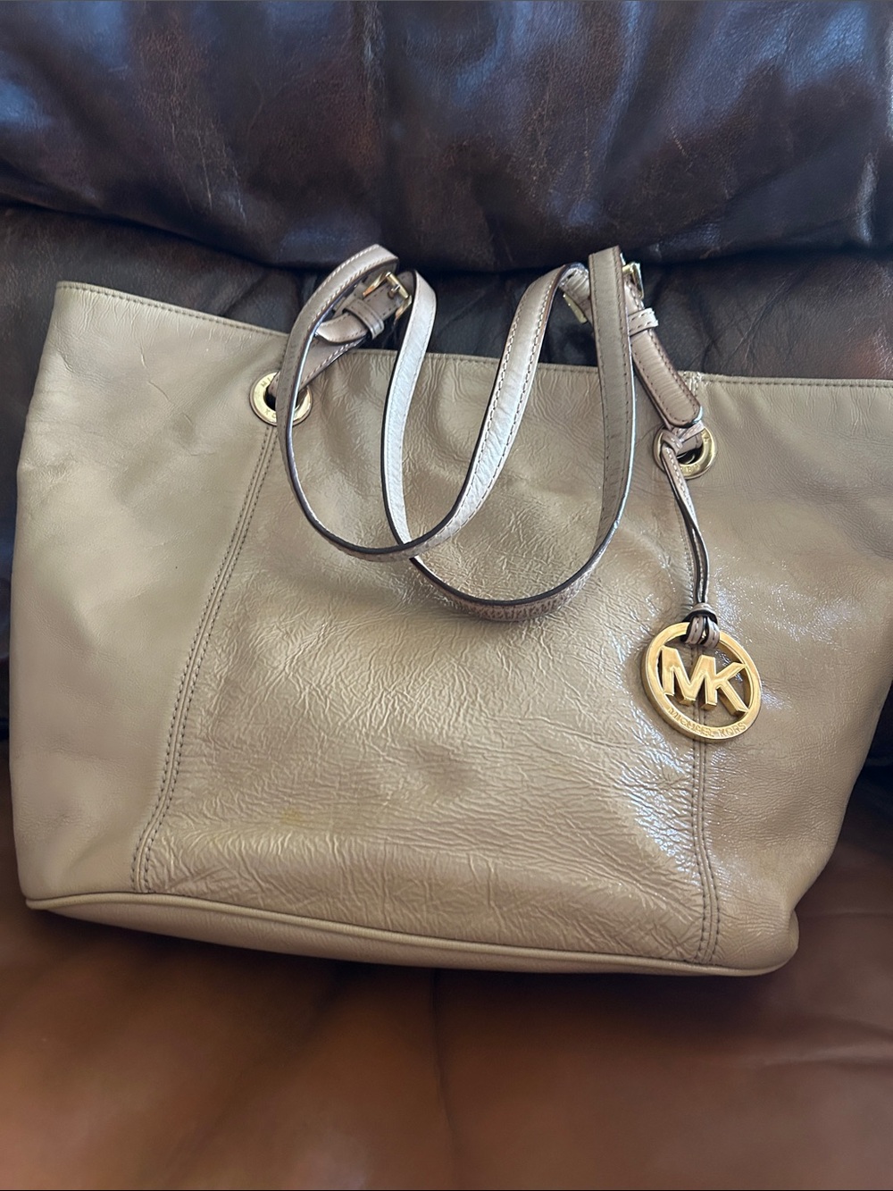 Michael Kors Taupe Leather Tote with Gold MK Charm